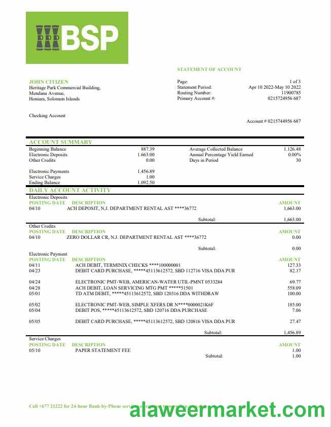 Solomon Islands BSP bank statement
